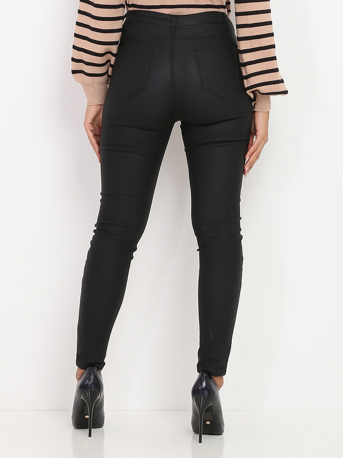 Pantalon skinny enduit à zips- Noir