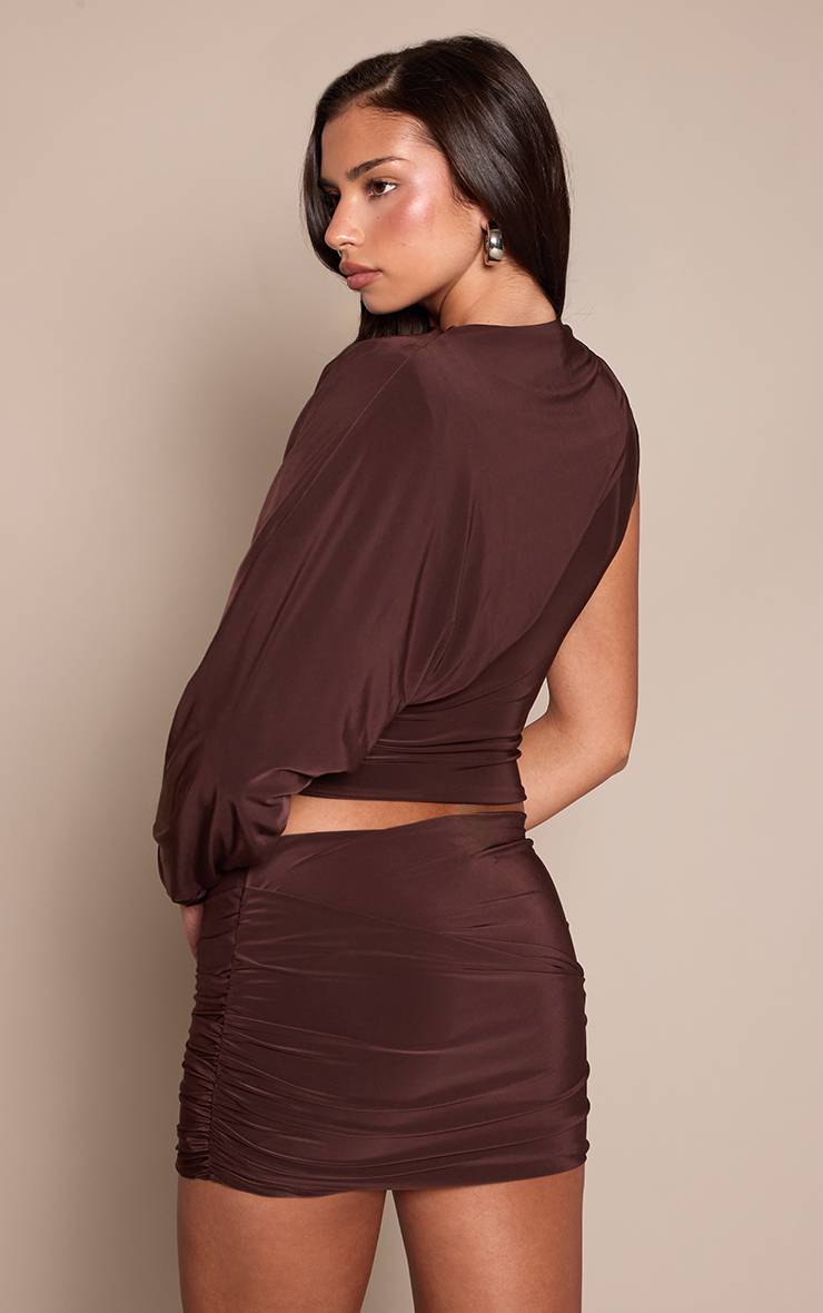 Marron Foncé Mini-jupe Taille Mi-haute Froncée En Tissu Slinky - Ensemble Coordonné
