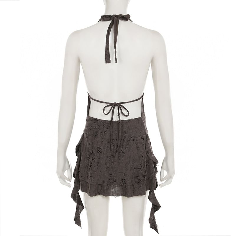 BrickBlack - Halter V-hals effen A-lijn minijurk met distressed effect