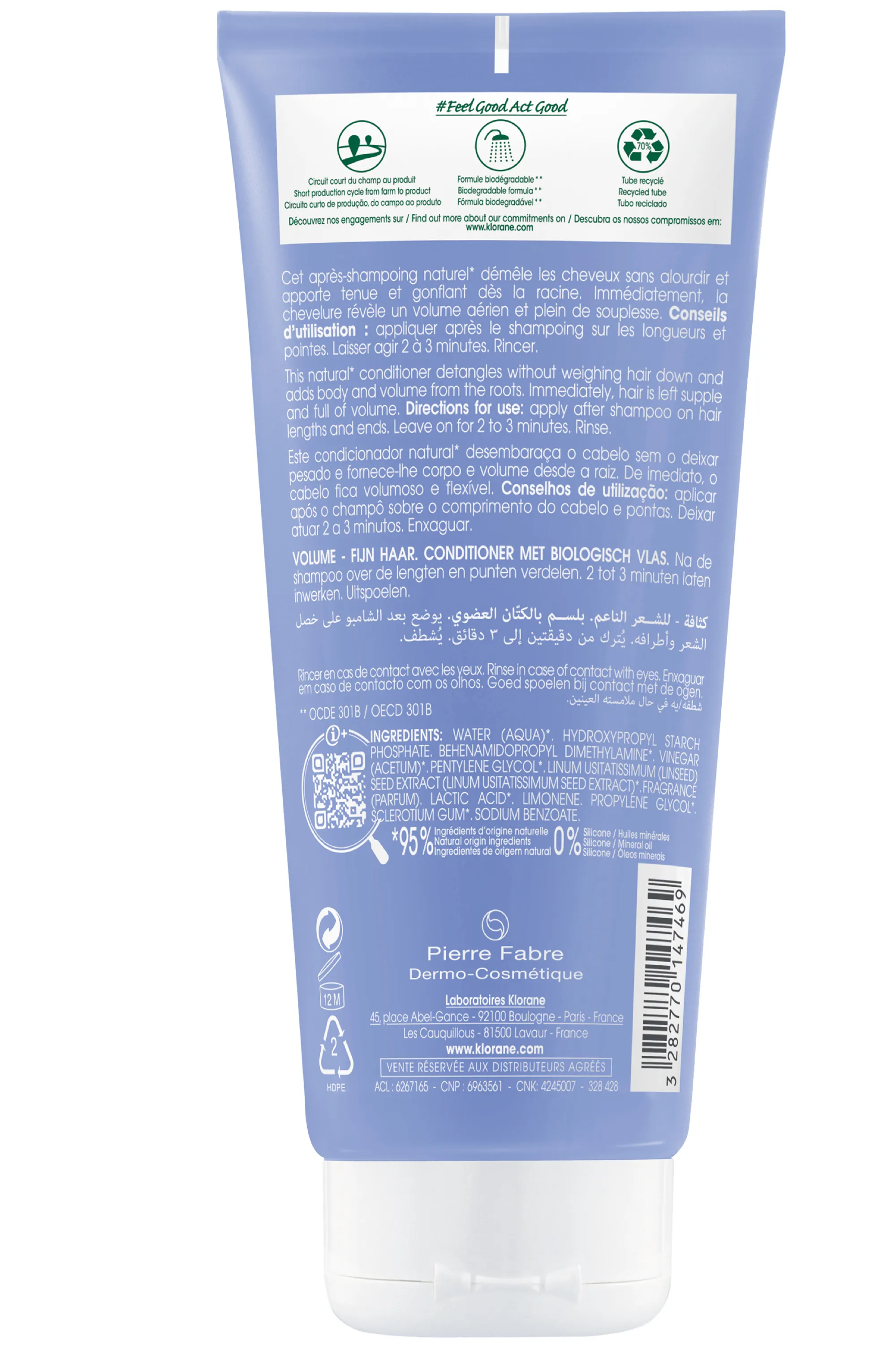 Klorane Baume après-shampoing au Lin bio pour cheveux fins-200 ml