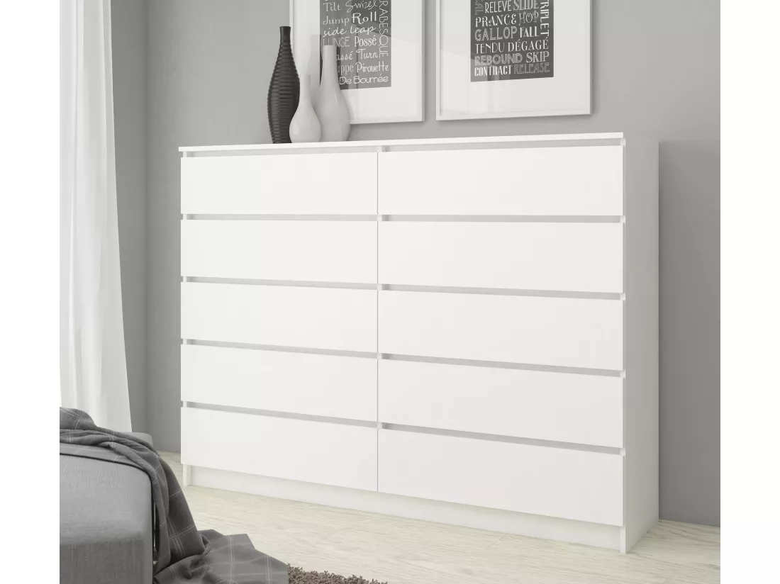 Grande Commode pour le salon AKORD K160 Blanche 160 cm 10 tiroirs façade Blanche 160x40x121 cm