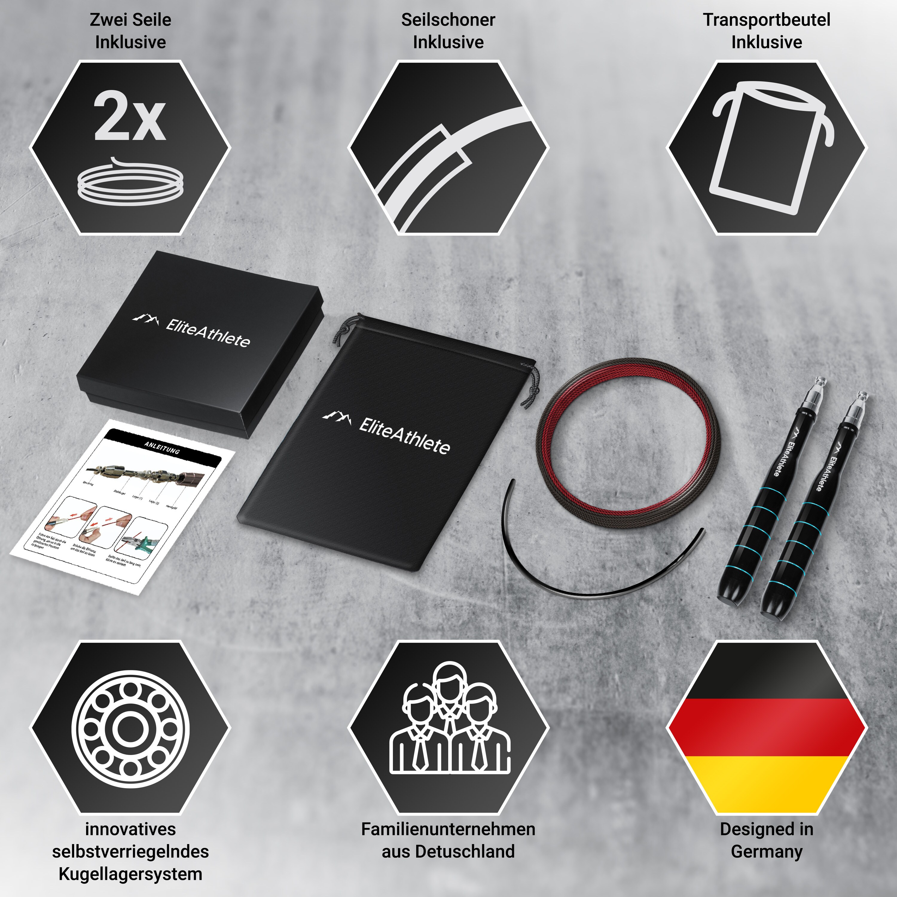 EliteAthlete® Springseil Erwachsene - Speed Rope mit Ersatzseil - Profi Kugellager - Skipping Rope - Jump Rope - Fitness Crossfit Boxen - Sprungseil Erwachsener inkl. Seilschoner + Tasche - Blau