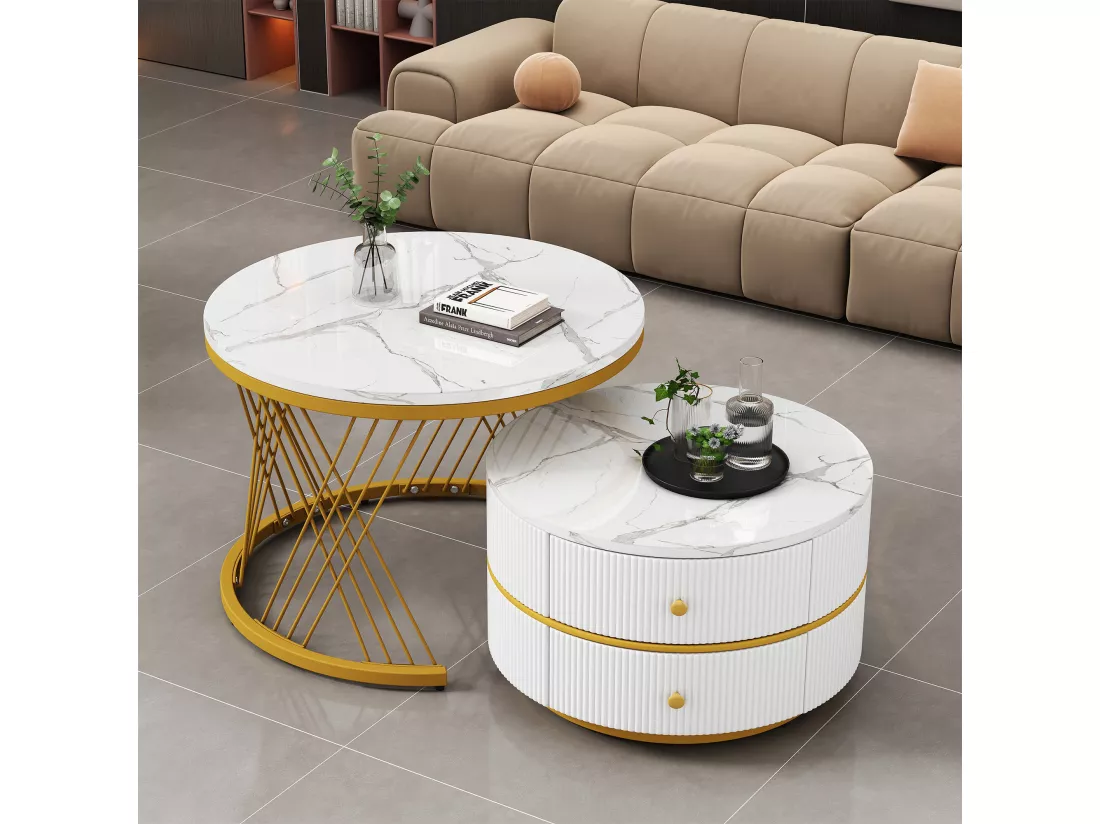 Lot de 2 tables basses gigognes rondes avec 2 tiroirs - 60x60x46cm + 50x50x30.8cm - Motif à marbre - Bois MDF et métal - Blanc + or