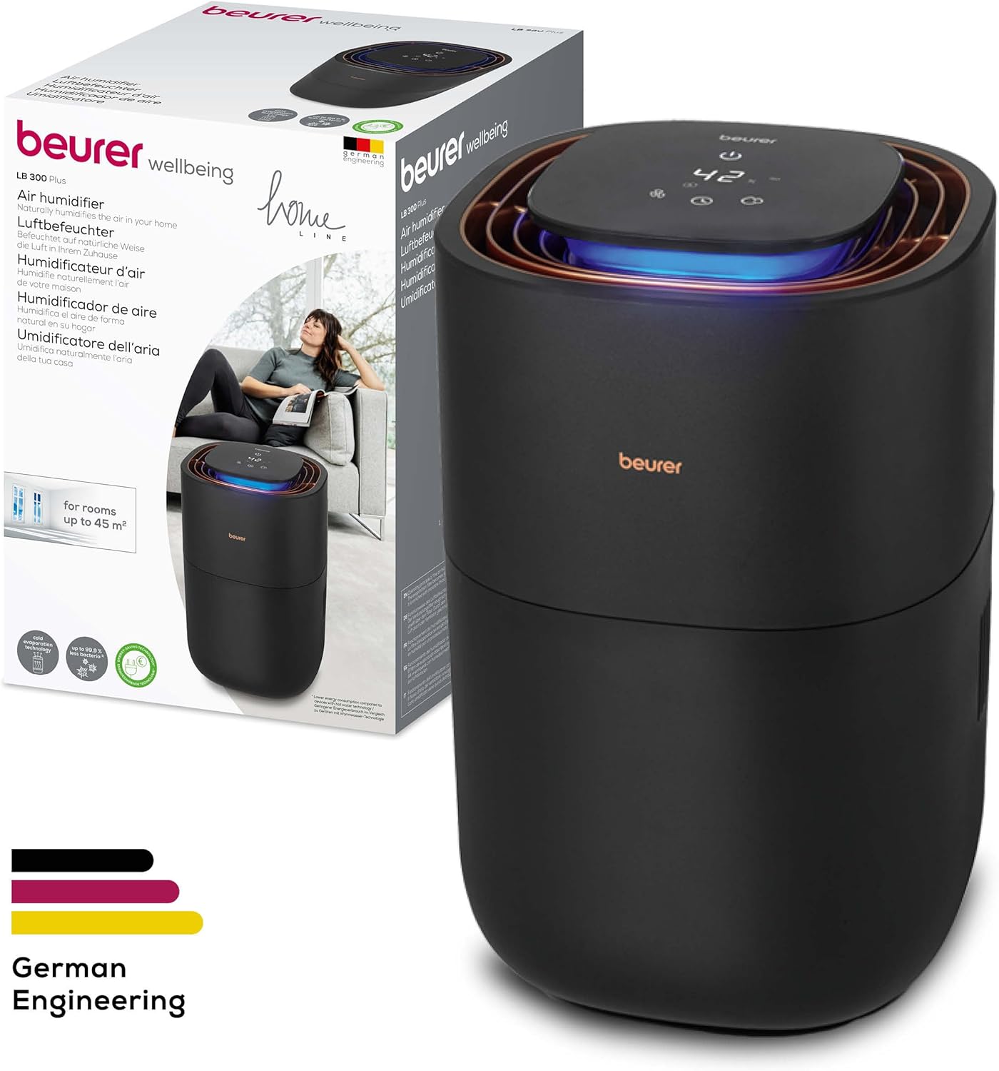 Beurer LB 300 Plus Luftbefeuchter, TESTSIEGER Stiftung Warentest, mit energieeffizienter Kaltverdunstungstechnologie, farbiger Luftfeuchtigkeitsindikator, Filtertrocknungsfunktion, Räume bis ca. 45m²