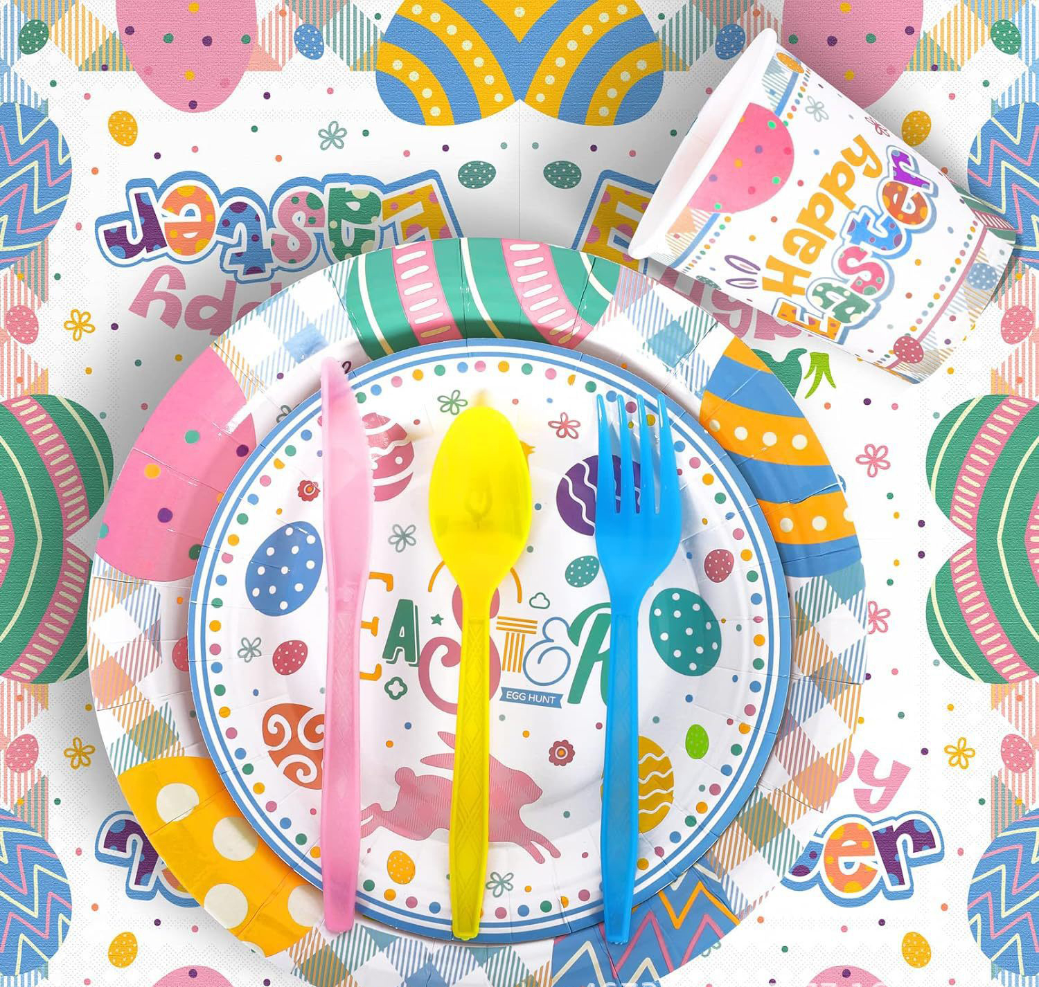 (155-tlg. Set) Einweg Geschirr Oster Party Tisch Deko inkl. Teller / Servietten / Besteck / Papp Becher - Happy Easter