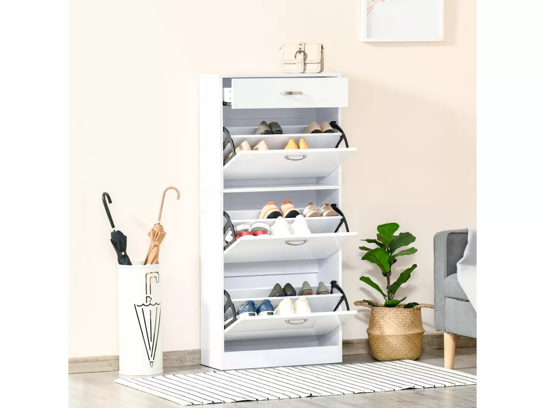 Meuble à chaussures - 3 portes abattantes et tiroir coulissant - dim. 62L x 24l x 135H cm - poignées alu. panneaux particules blanc