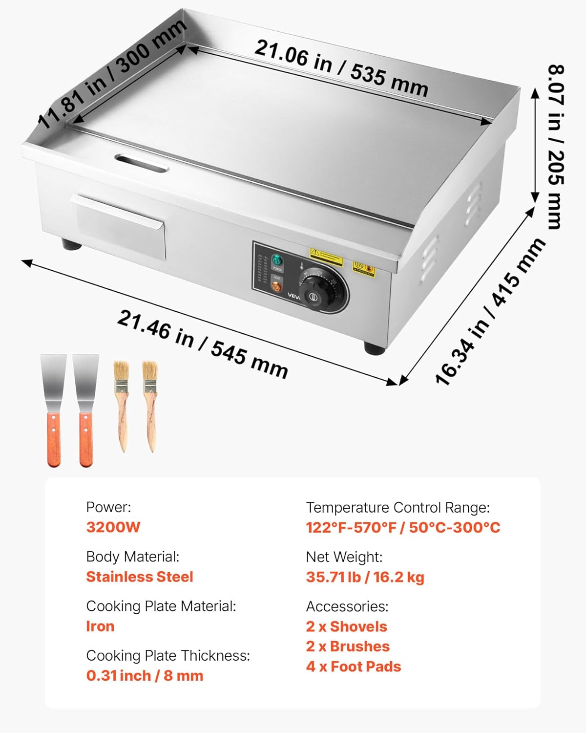 VEVOR Elektrogrill gewerbliche Grillplatte (535 x 300 mm) 3200 W mit 50-300 °C einstellbarer Temperaturregelung, Bratplatte Griddleplatte mit 2 Spachteln & 2 Bürsten & 4 Fußpolstern für Steak