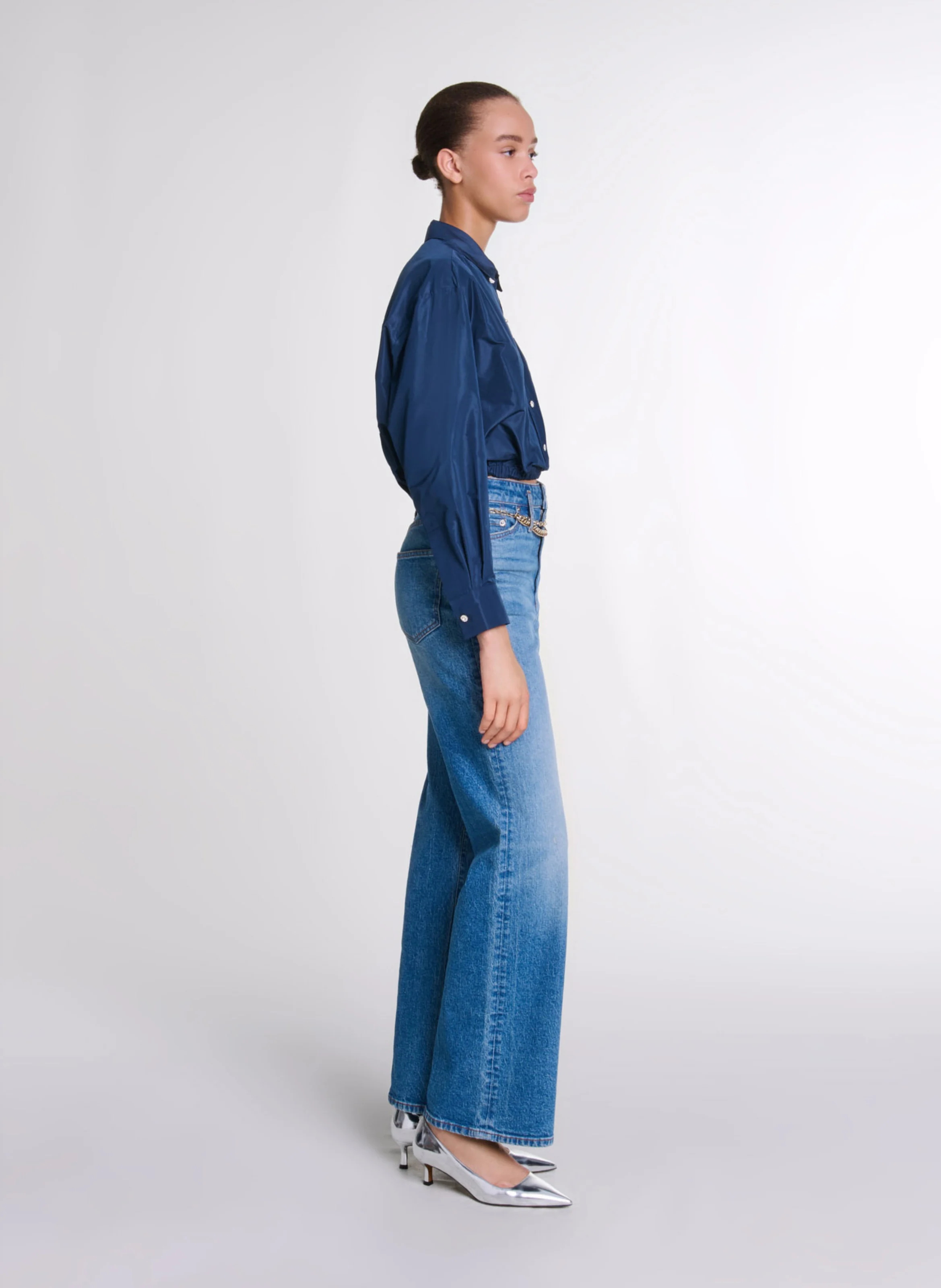 Chemise courte satinée| Bleu