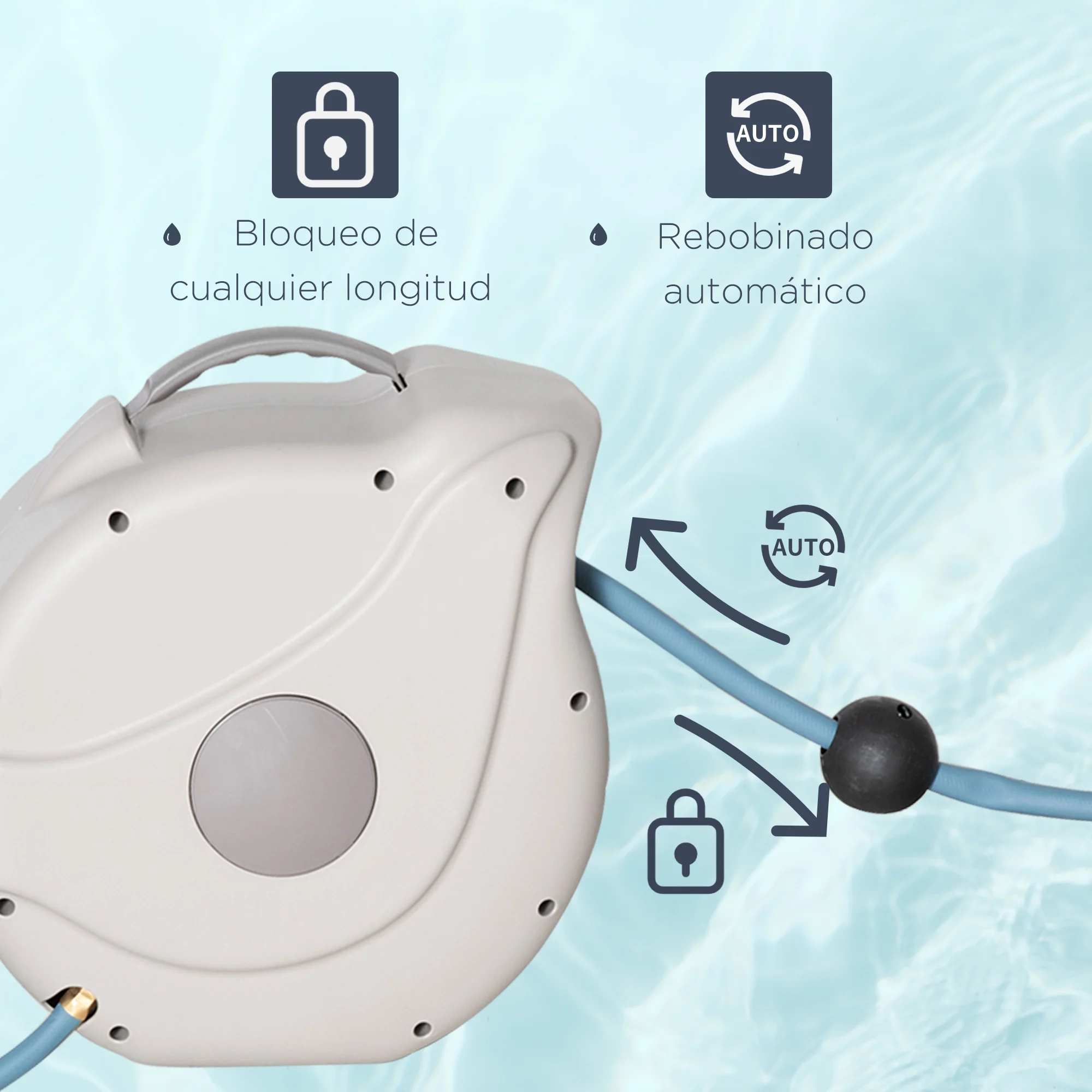 Carretel de Mangueira de Jardim Outsunny 15,1 m + 1,5 m para Irrigação com 10 Modos de Jato, Enrolador Automático de Parede, Rotação de 180°, 42,5 x 20 x 38 cm, Cinza