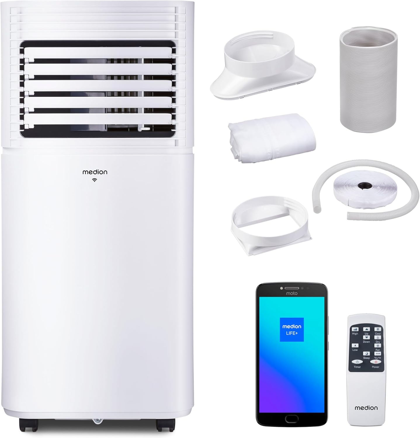 MEDION Smarte Mobile Klimaanlage mit Abluftschlauch P701 (7000 BTU, mobil, inkl. Fensterabdichtung, bis 25m², 3in1 Kühlen Entfeuchten Ventilieren, App- und Sprachsteuerung, Schlafmodus, MD 37672)