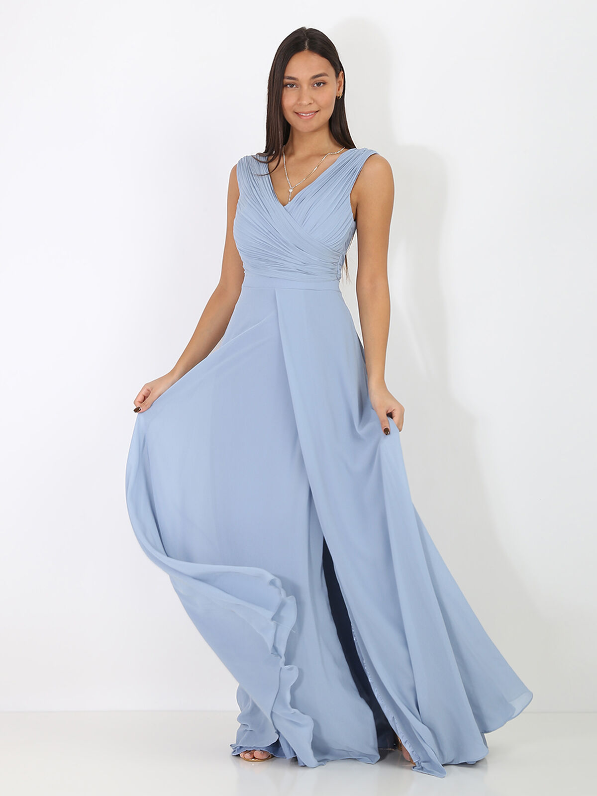 Robe longue drapée avec fente- Bleu givré