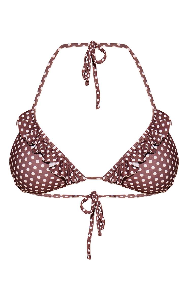 Marron Haut De Bikini Triangle À Imprimé Pois Avec Bord À Volants