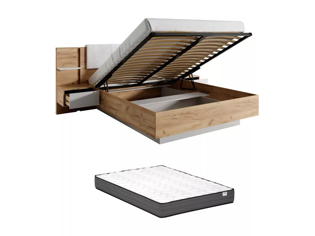 Lit coffre avec chevets 160 x 200 cm - Avec LEDs - Coloris : Naturel et blanc + Matelas - ELYNIA