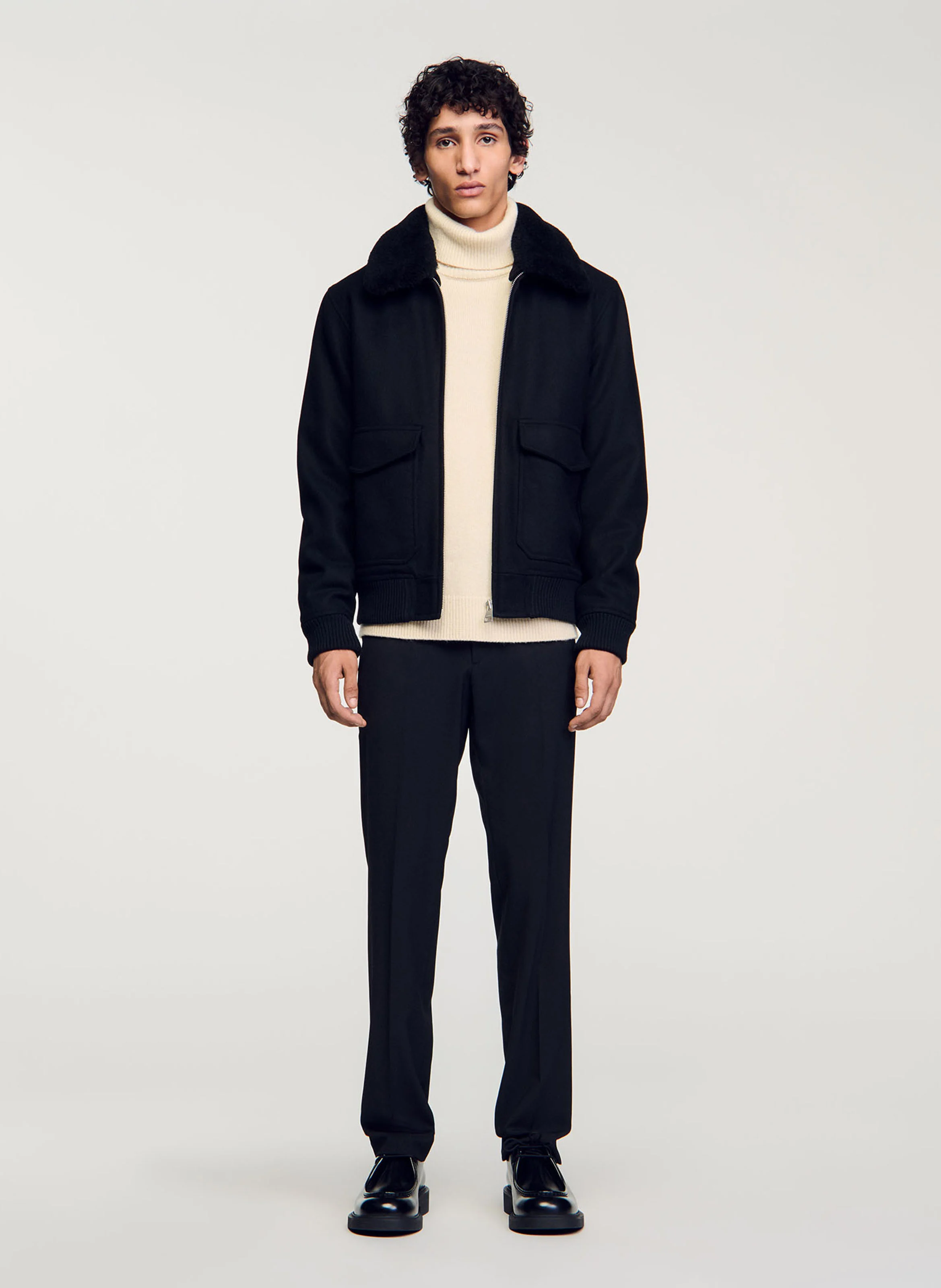 Blouson zippé en laine mélangée | Noir