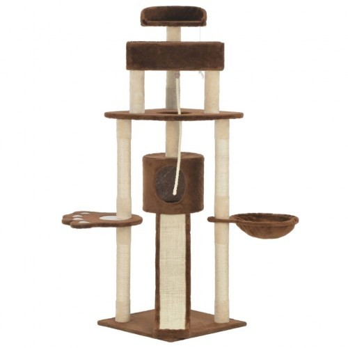 Arranhador marrom para gatos com hastes de sisal.