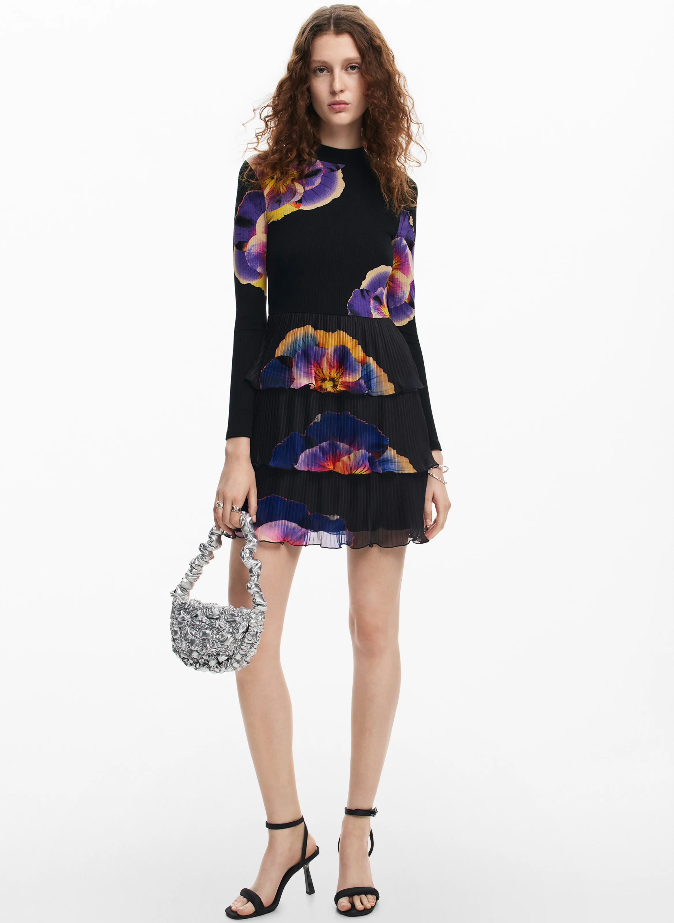 Robe courte col rond imprimée | Noir