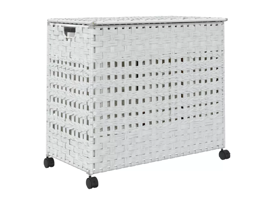 Panier à linge avec roulettes blanc 66x35x60 résine tressée