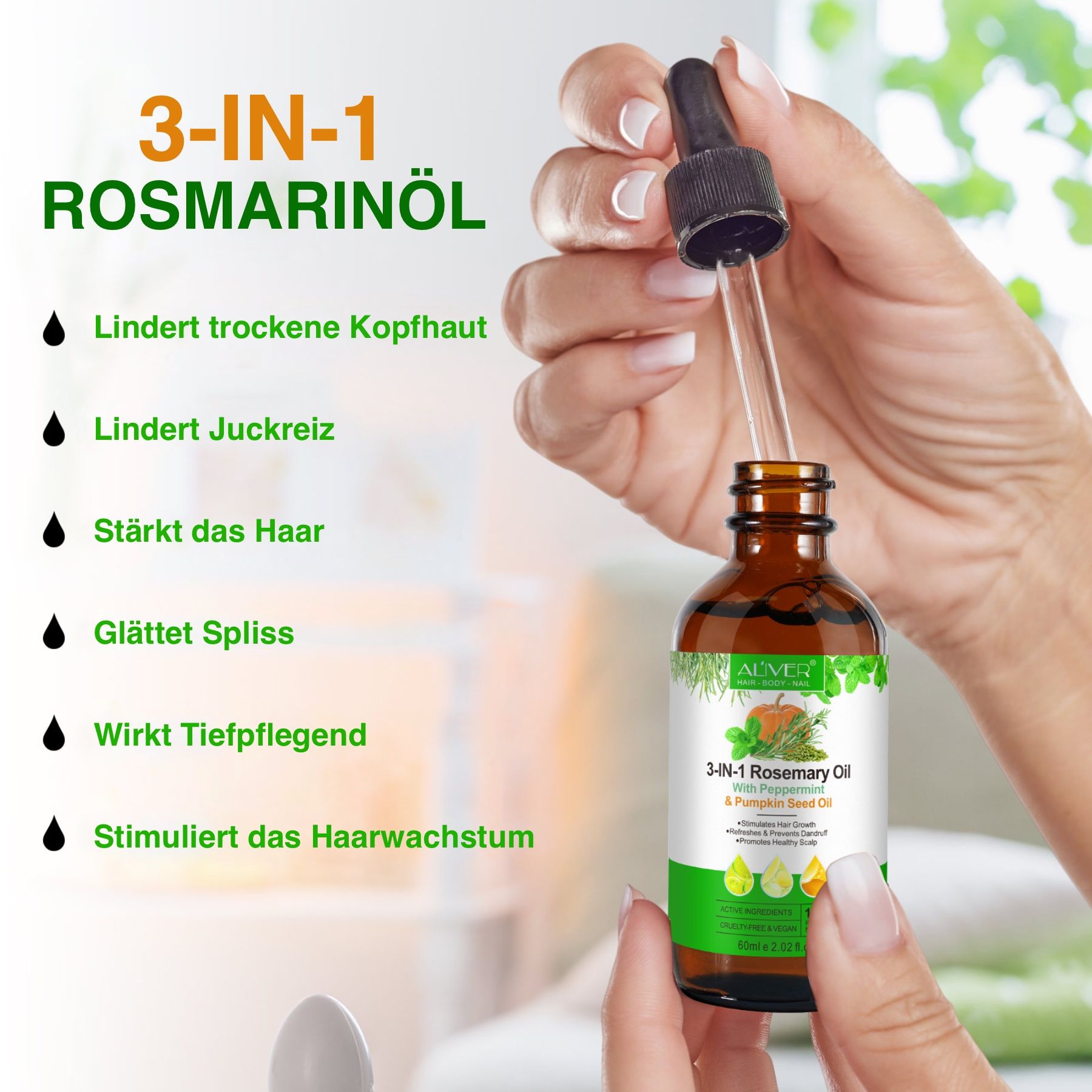ALIVER 3-in-1 Rosmarinöl Pfefferminz Kürbiskern Haaröl für Haarwachstum