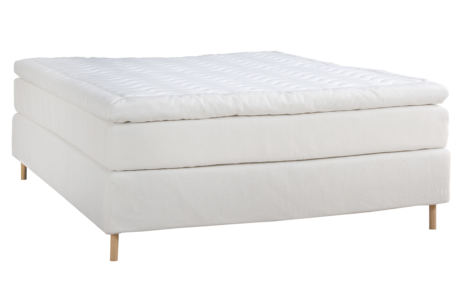 Premium LUX 200 kontinentalseng 180x200 cm i tekstil Bris 101 hvit med medium/medium fasthet, Premium LUX 200 overmadrass med tekstilkant og runde ben hvitoljet eik 15 cm