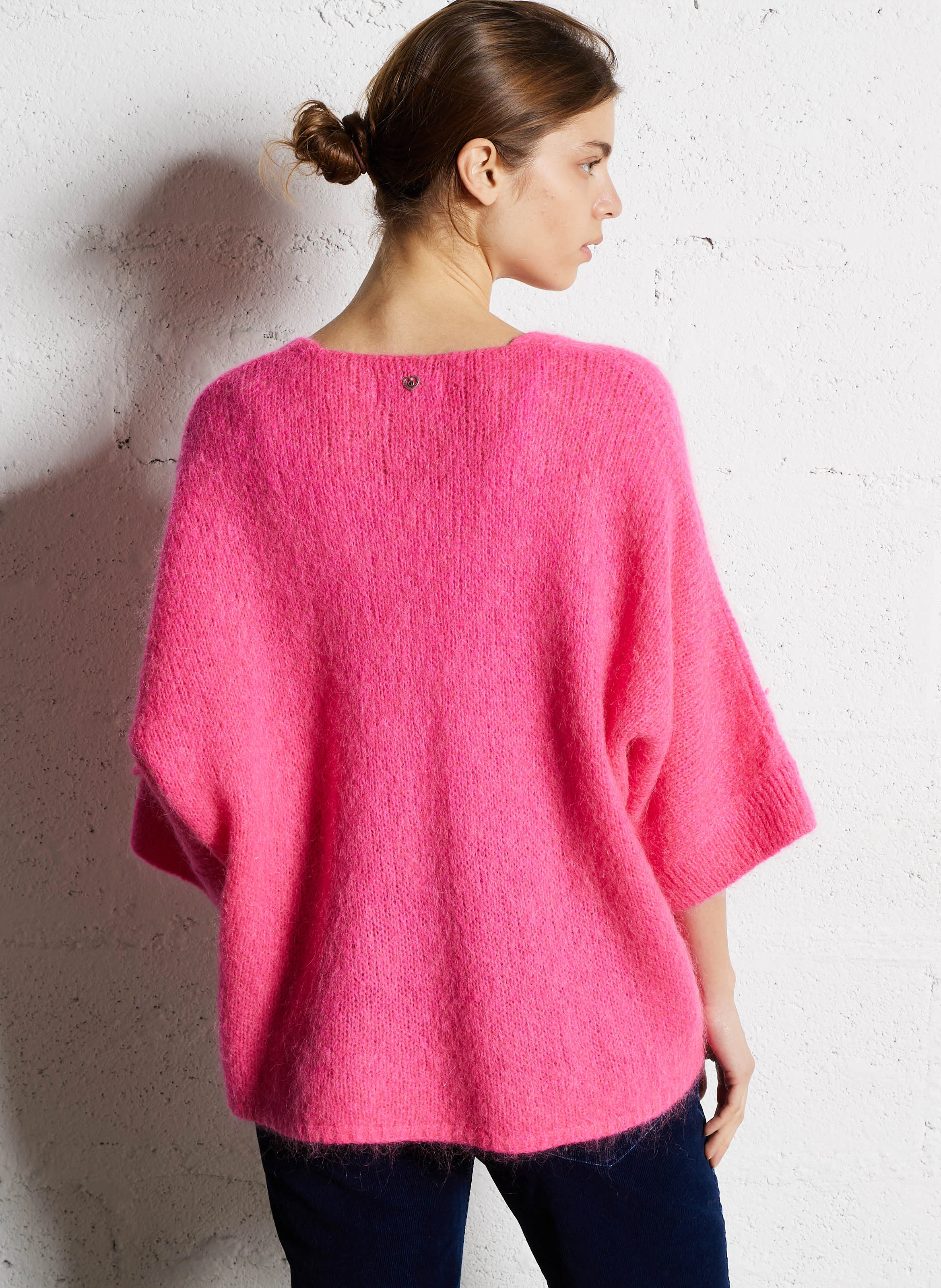 Gilet à col V ample en maille mélangée | Rose