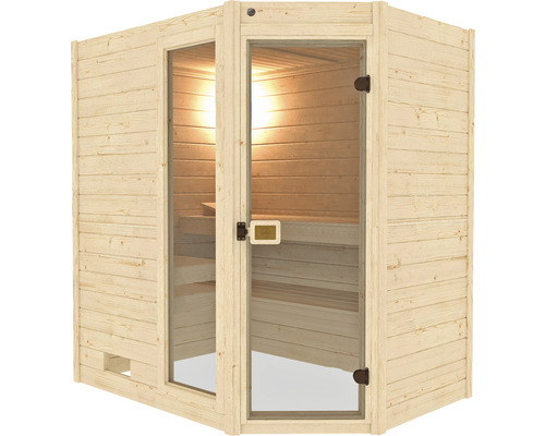 Massief houten sauna Weka Valida hoek GTF maat 1 incl. 5,4 kW kachel en digitale bediening met venster en volledig glazen deur van helder glas
