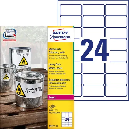 Avery Zweckform L4773-100 Wetterfeste Folien-Etiketten, 63,5 x 33,9 mm, 100 Bogen/2.400 Etiketten, weiß