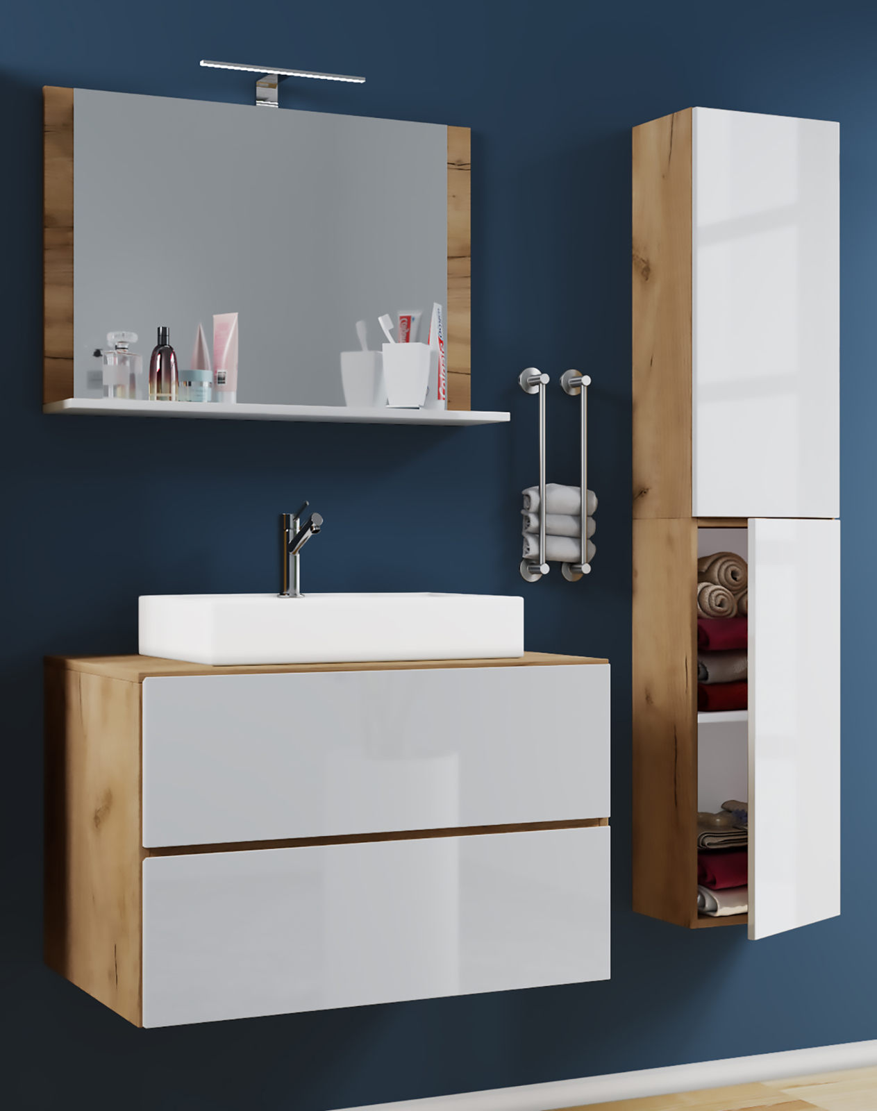 4-teiliges Badmöbel-Set LENDAS L - weiß - Honig Eiche - mit Hochschrank - 94 cm