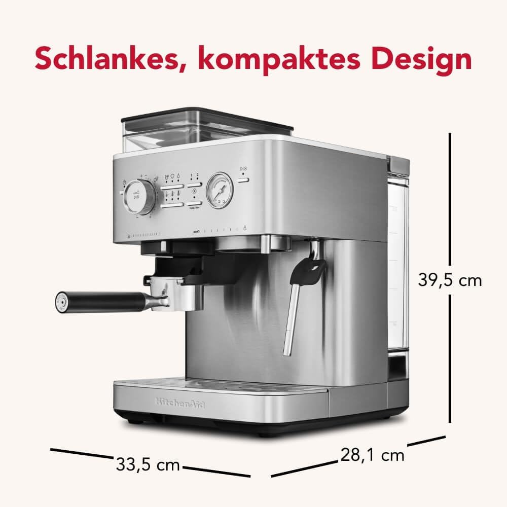 KitchenAid kaffeemaschine mit mahlwerk I Halbautomatische Espressomaschine I Heißgetränke von Espresso bis Cappuccino I Milchschäumerfür, Milchkännchen, Bohnenbehälter (Edelstahl)