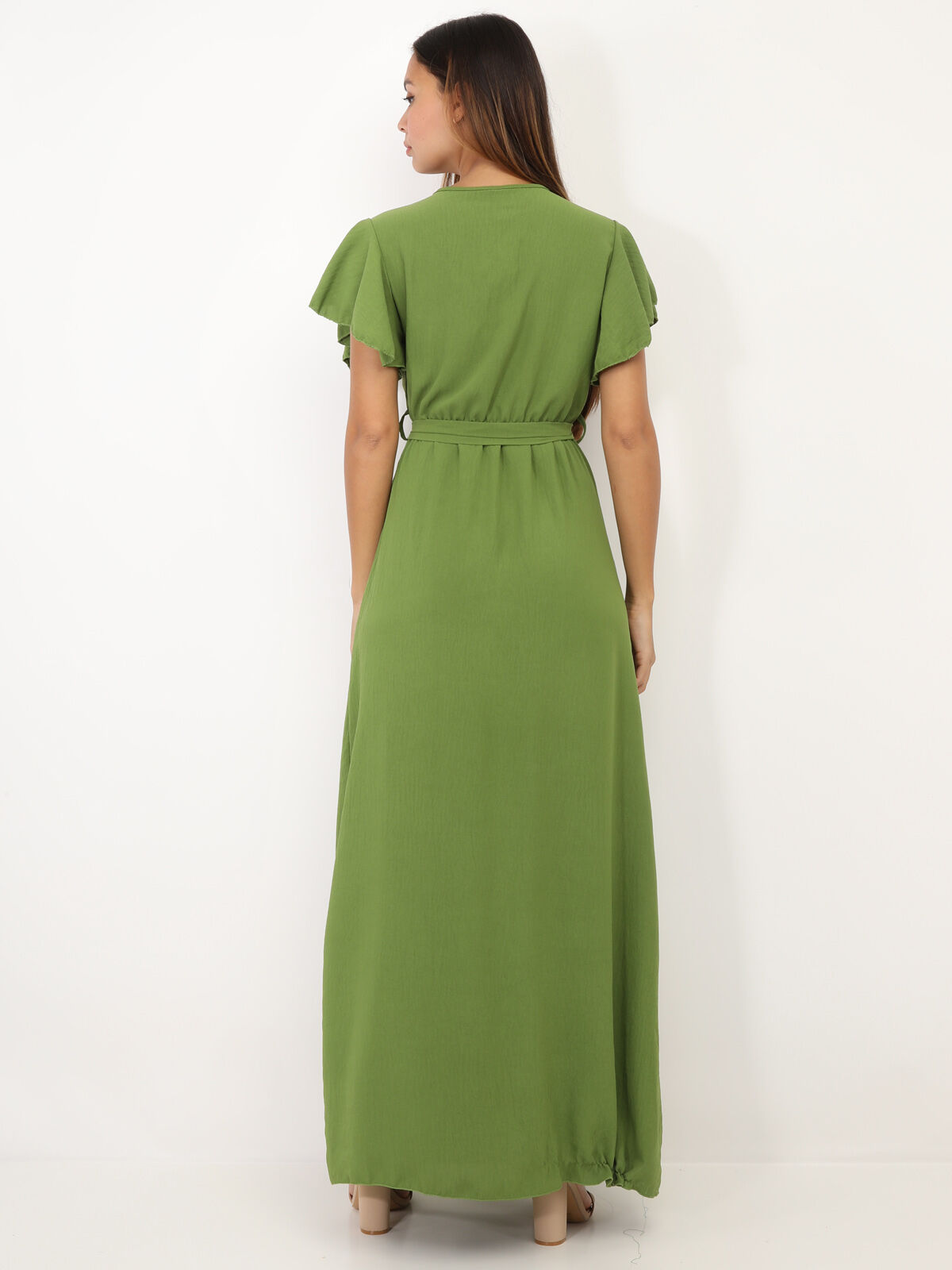 Robe longue fendue à col cache coeur- Vert olive
