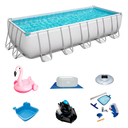 Conjunto para piscina retangular Bestway 640x274x132 cm com acessórios e limpador de piscina.