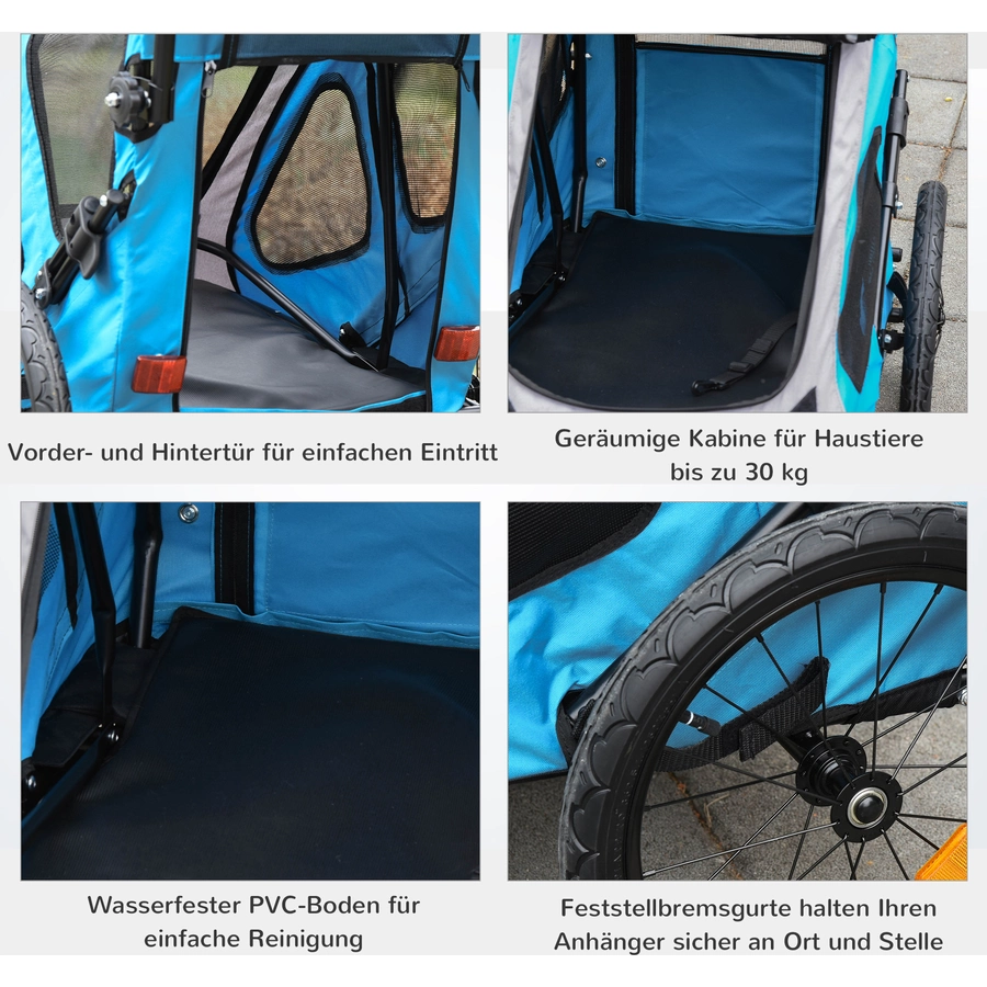 PawHut Fahrradanhänger für Hunde blau, grau, schwarz
