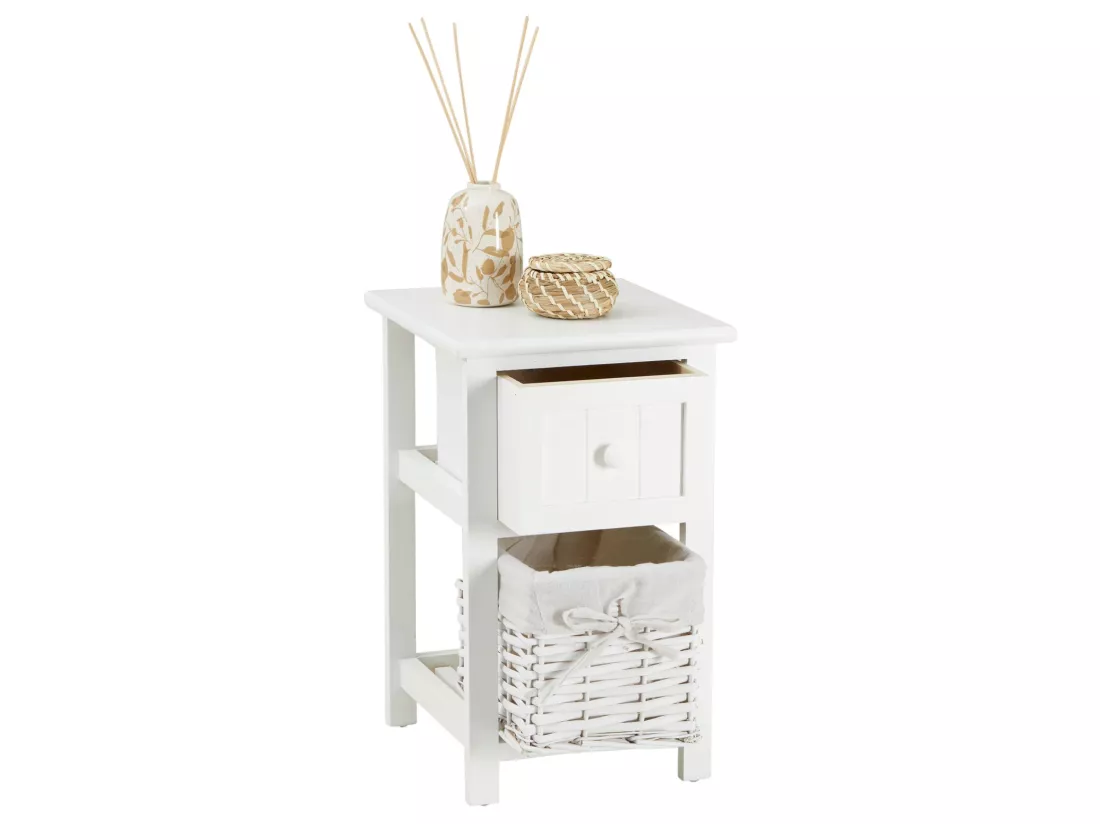 Lot de 2 tables de chevet MESSINA table de nuit avec 1 tiroir et 1 panier, en bois blanc