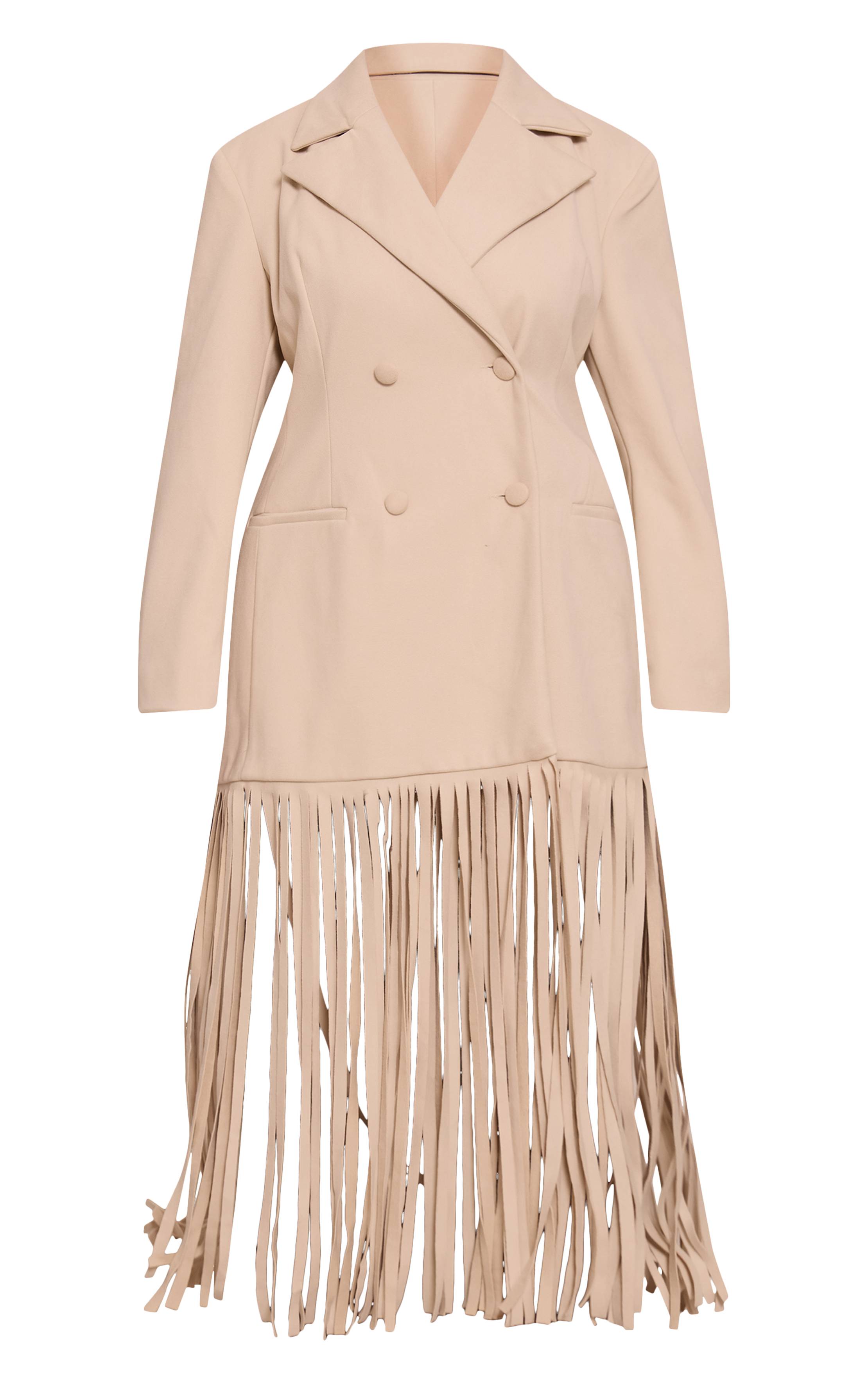 Crème Blazer Shape Aspect Laine Taille Cintrée Ourlet À Franges