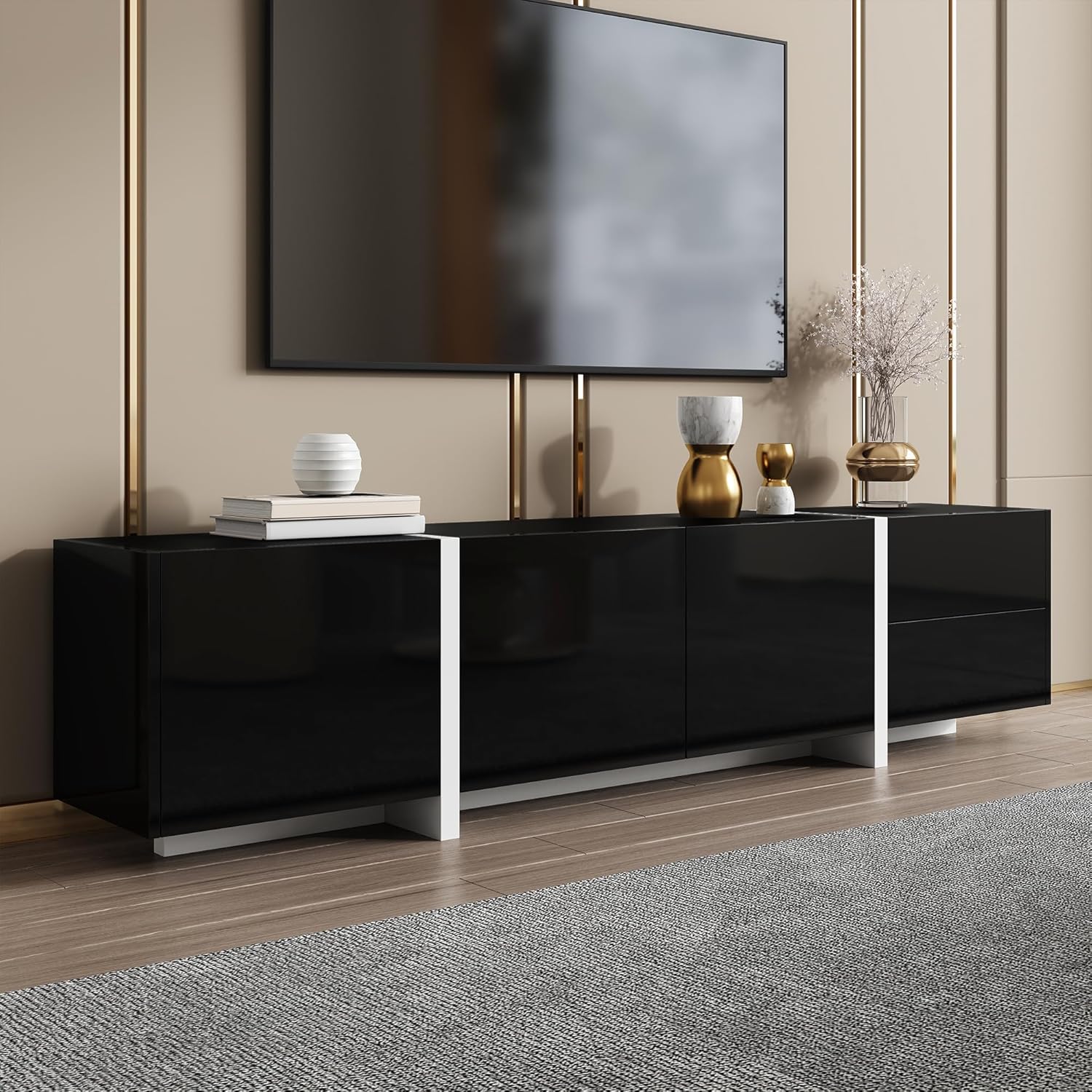 Merax TV-Schrank 170x30x39cm mit LED, Lowboard in Hochglanz mit Weiß Tischbeinen, DREI Türen, Schublade und Klapptür, viel Stauraum für Wohnzimmer, Schwarz