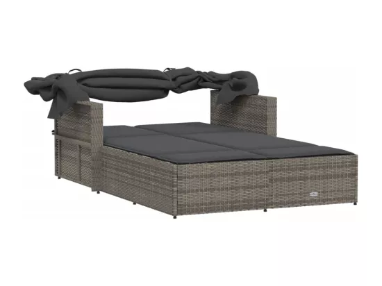 Chaise longue double et auvent et coussins gris résine tressée