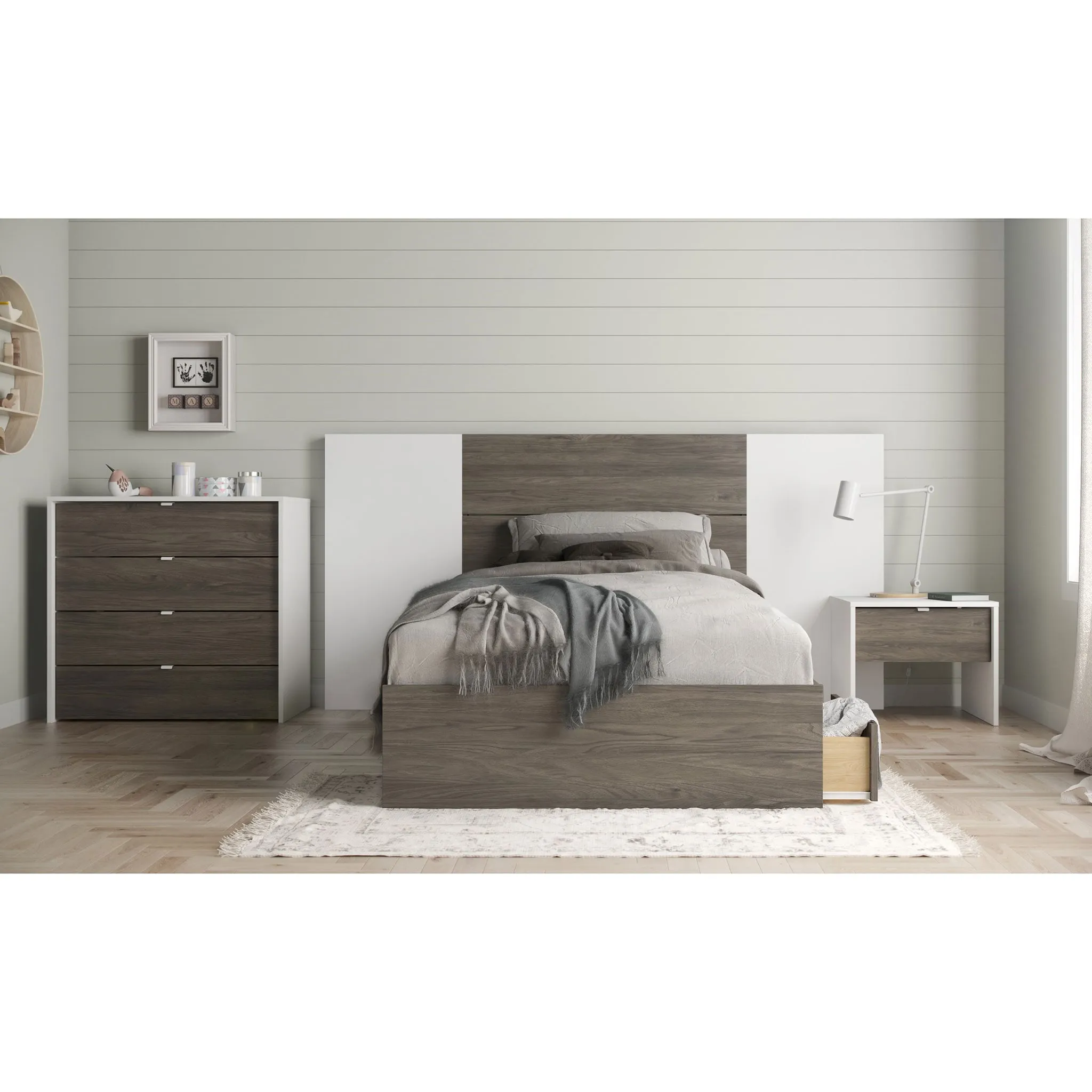 Nexera Table de Nuit - Blanc  Gris Écorce