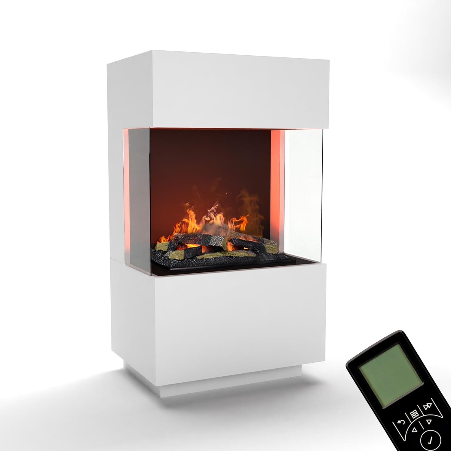 GLOW FIRE Wasserdampf Kamin OGF 1 Mini (Standkamin) - Elektrokamin mit realistischen LED 3D-Flammen, Knistereffekt & Fernbedienung, 55x96x40 cm - Opti-Myst 400 Elektro Kamin mit Holz-Deko, Weiß