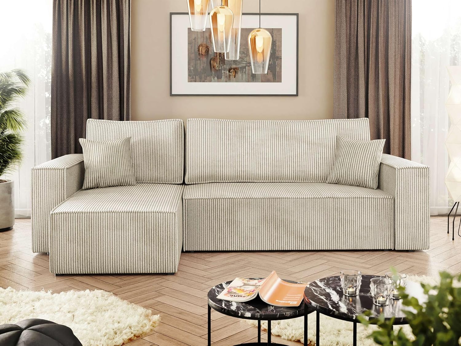 Mirjan24 Ecksofa Kobaro Cord Sofa Eckcouch Couch mit Schlaffunktion und Bettkasten Ottomane Universal, L-Form Couch Schlafsofa Bettsofa Farbauswahl (Poso 100)