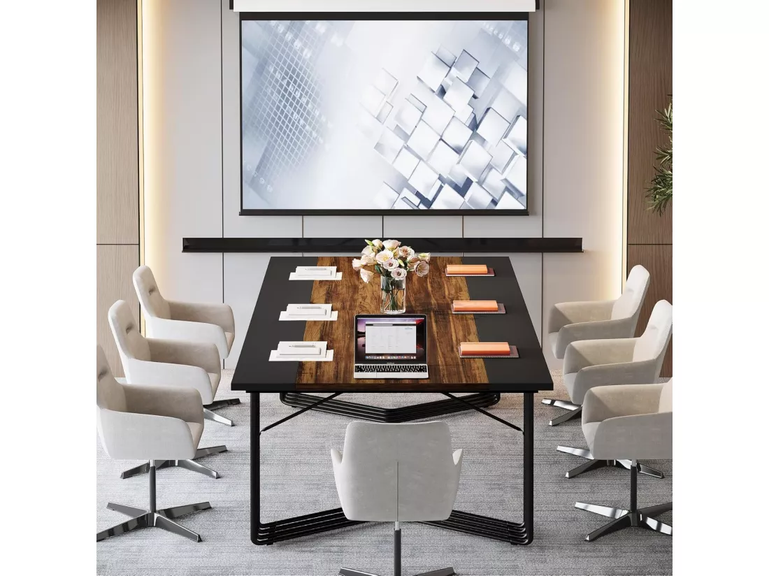 Tribesigns Bureau 200 cm pour 2 personnes avec structure géométrique solide en métal - Table de réunion ou de séminaire pour 8 à 10 personnes - Marron rustique