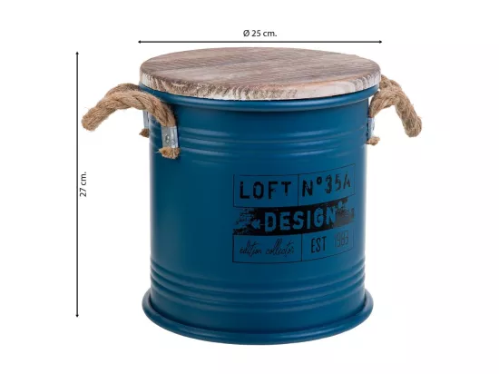 Boîte ronde en métal, couvercle en bois et poignées en corde imprimée bleue D25x27h cm