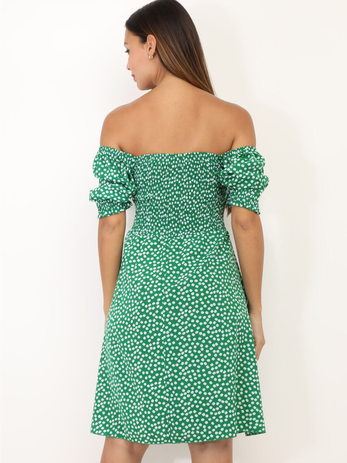 Robe fleurie à manches ballon- Vert
