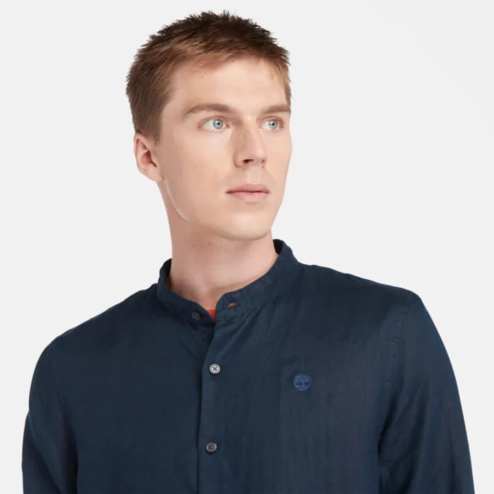 Chemise en lin Mill Brook à col Mao pour homme en bleu marine
