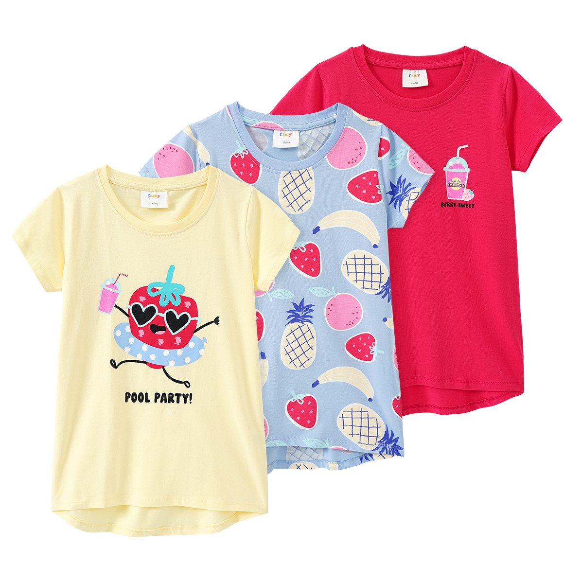 Famy 3 Mädchen T-Shirts mit bunten Motiven hellgelb / rot / hellblau