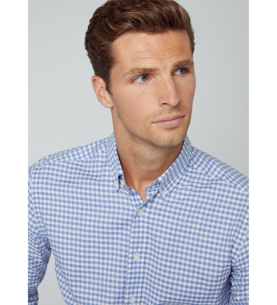 Camisa Hackett Azul com Estampa Xadrez Escovado