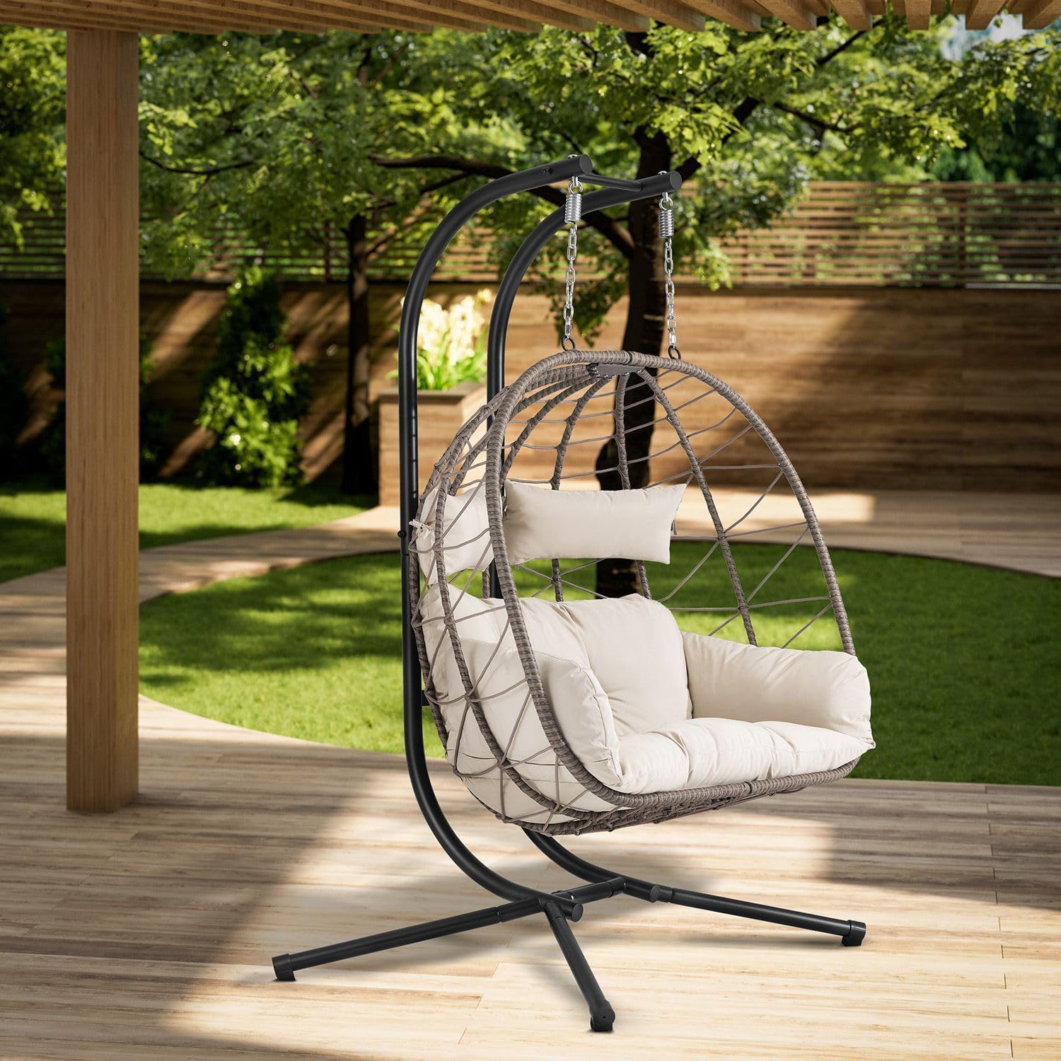Juskys® Doppelhängesessel Aria - Polyrattan Hängesessel mit Gestell & Kissen - Schaukel für Zwei Personen - Outdoor Indoor Sessel - XXL Korb Beige