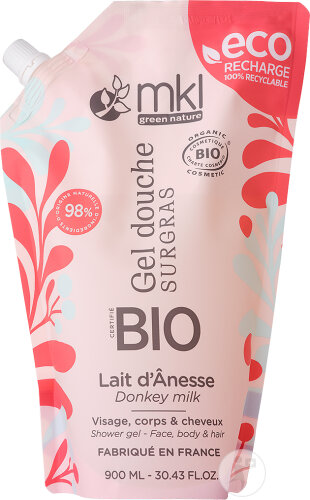 MKL Green Nature Gel Douche Surgras Lait D'Anesse Bio Eco Visage/Corps/Cheveux Recharge 900ml