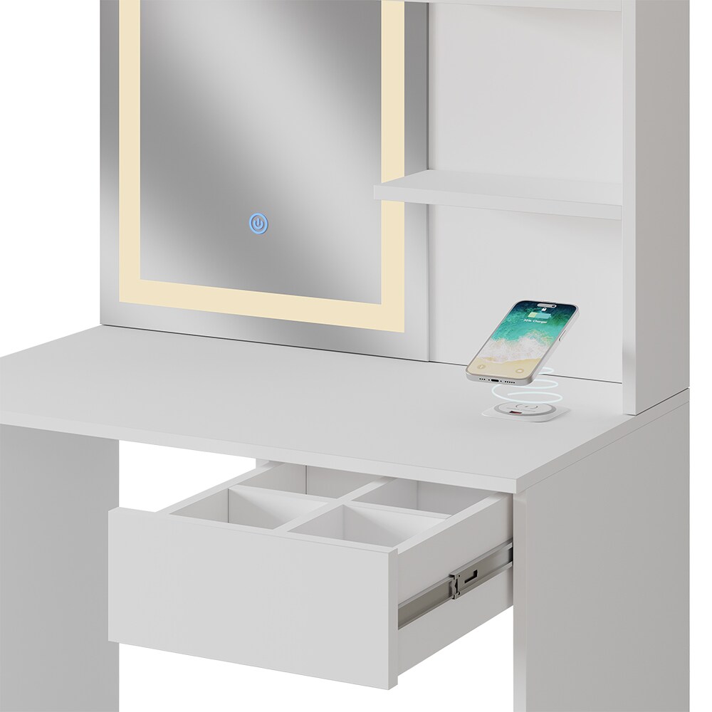 Vicco Schminktisch Dekos Weiß 75 cm mit LED-Spiegel QI-Ladestation und Bank