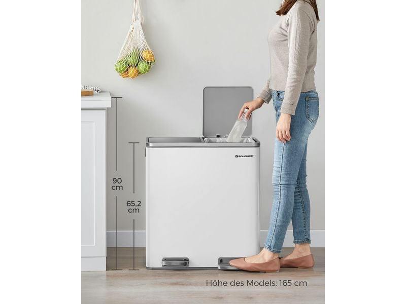Songmics Abfalleimer Mülleimer 60 l, Weiss Treteimer mit zwei Fächern