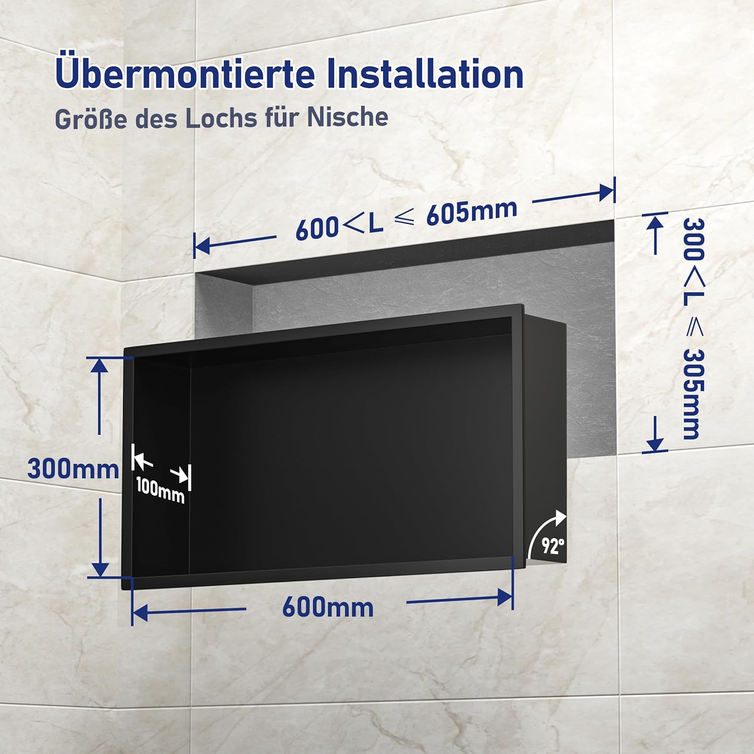 Wandnische Dusche Edelstahl mit LED-Streifenlicht, 60 cm x 30 cm, Wasserdicht - Keine Fliesen Erforderlich, Badezimmer Lagerung, Nische, Matt Schwarz