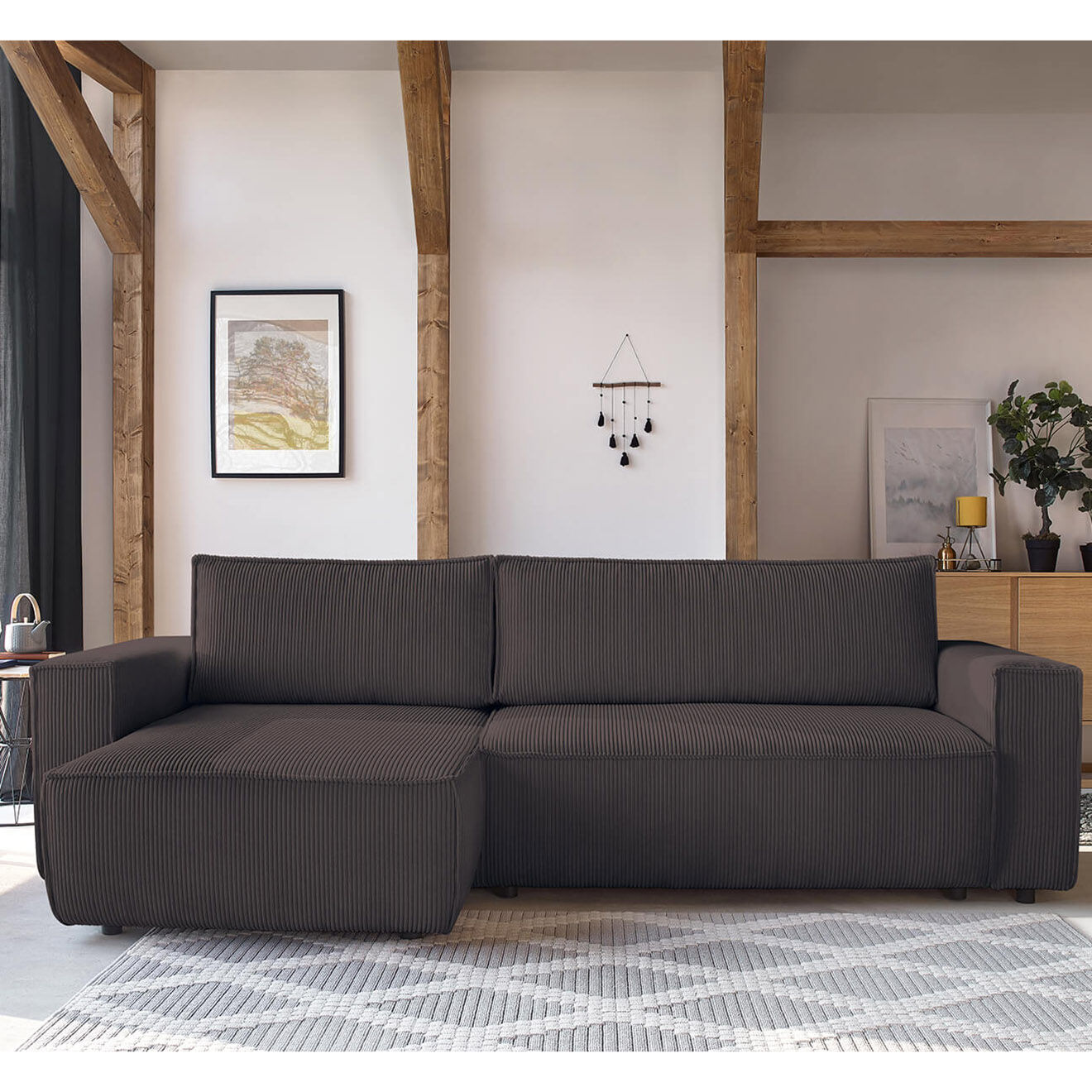 Bobochic Canapé d'angle convertible reversible Nihad en velours côtelé marron - 282x153  cm